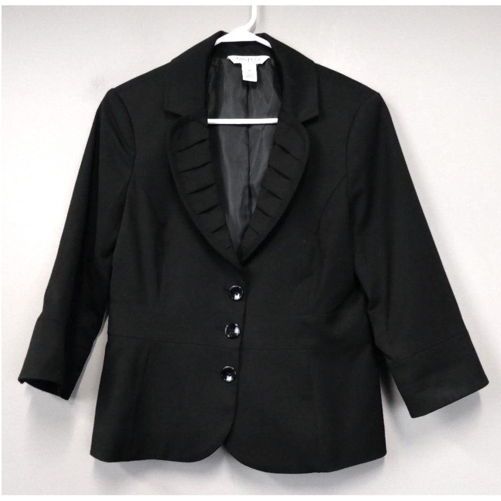 White House Black Market Blazer Womens 10 Black Pleated Ruffle Lapel 3/4 Sleeve